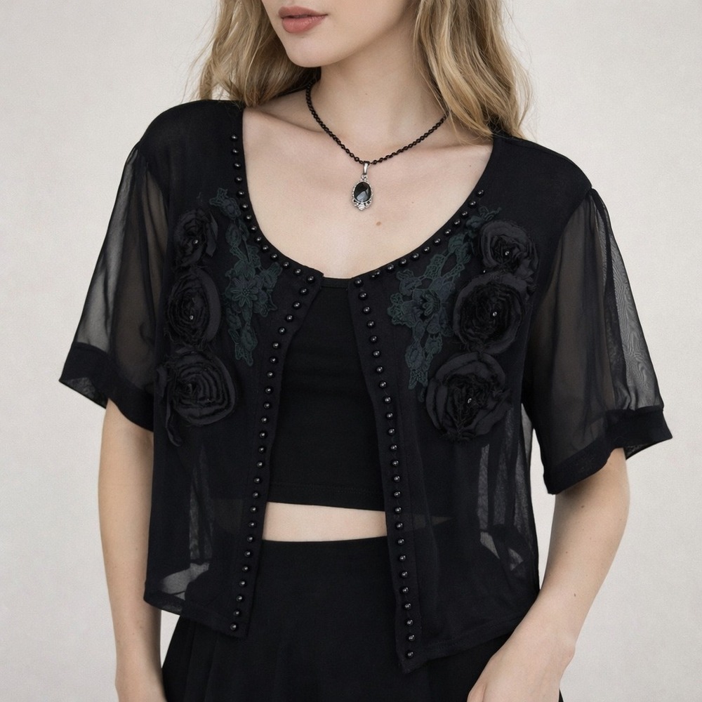 Pretty Angel Semi Sheer Cardigan Women M‎ Black Linen Blend 3D Floral Whimsigoth